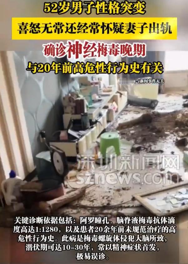 【男子整日疑妻出轨确诊神经梅毒晚期】近日，湖南长沙。52岁工程师老李近半年性情大