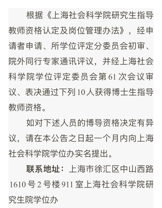 上海社会科学院新增博导名单公布