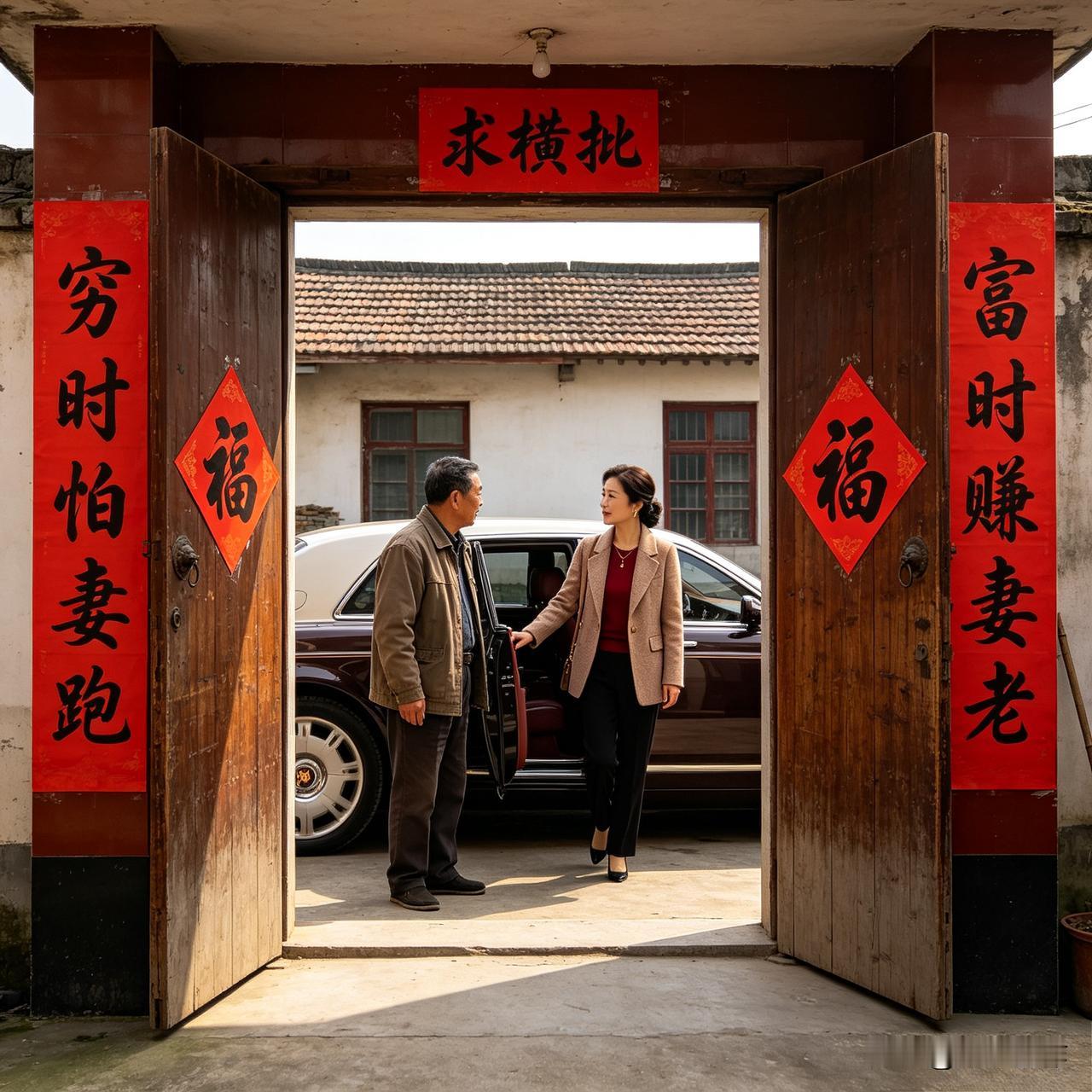 上联：穷时怕妻跑，下联：富时赚妻老。此联道尽半生烟火，贫寒岁月忧心相守，富贵之后