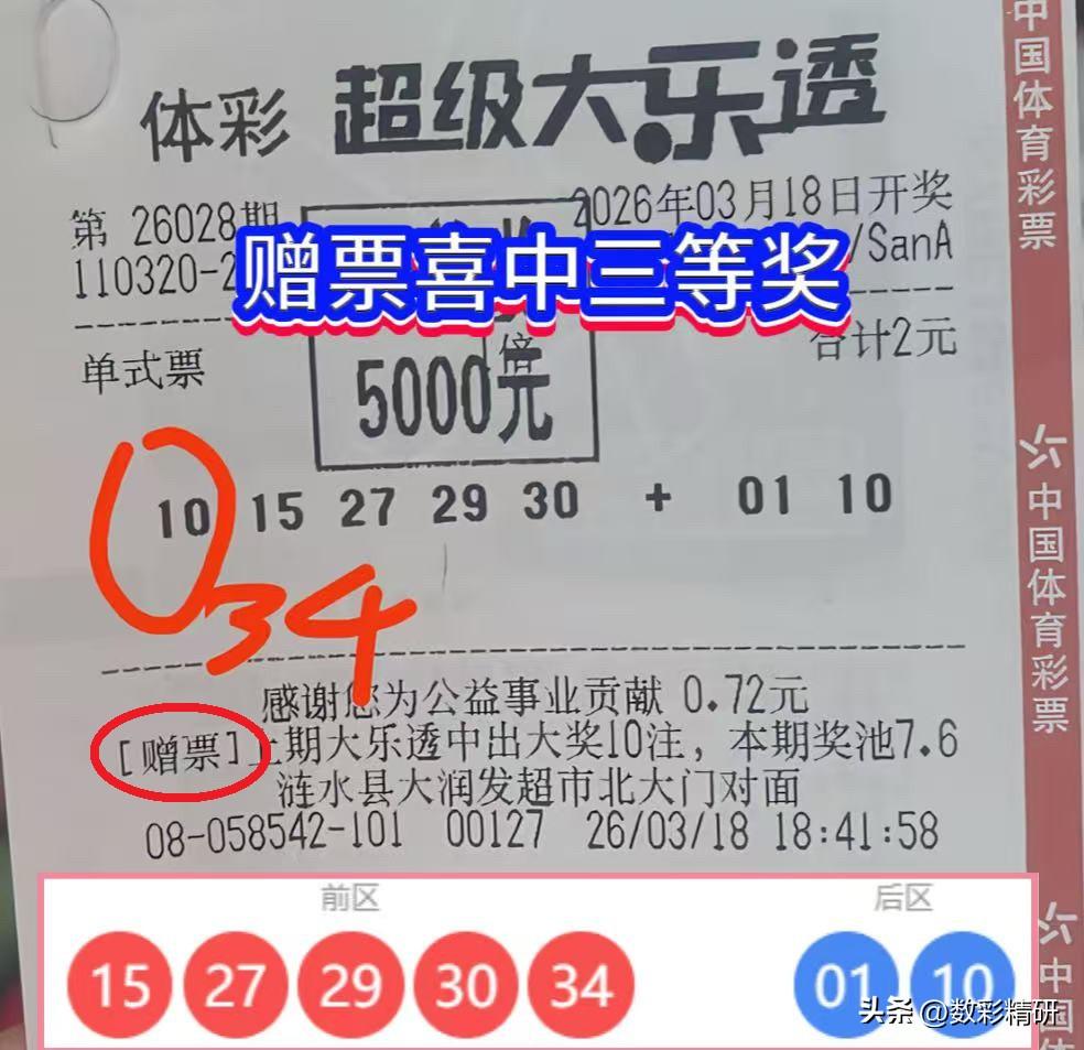 赠票天降好运！淮安彩民喜中大乐透三等奖

大乐透26028期，江苏淮安一位彩民参
