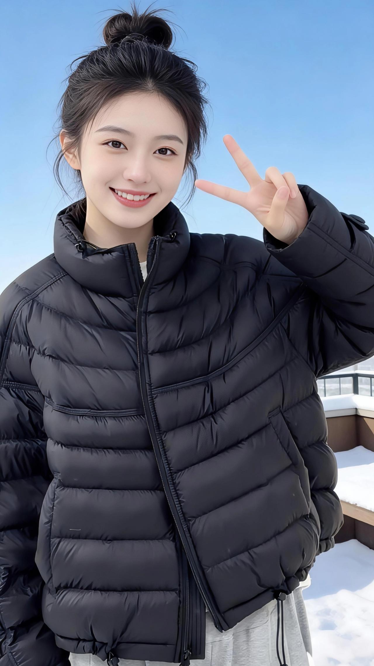 黑糖雪顶
 
雪后的天台，是被阳光熨平的画布。她穿着那件蓬松的黑色羽绒服，像一颗