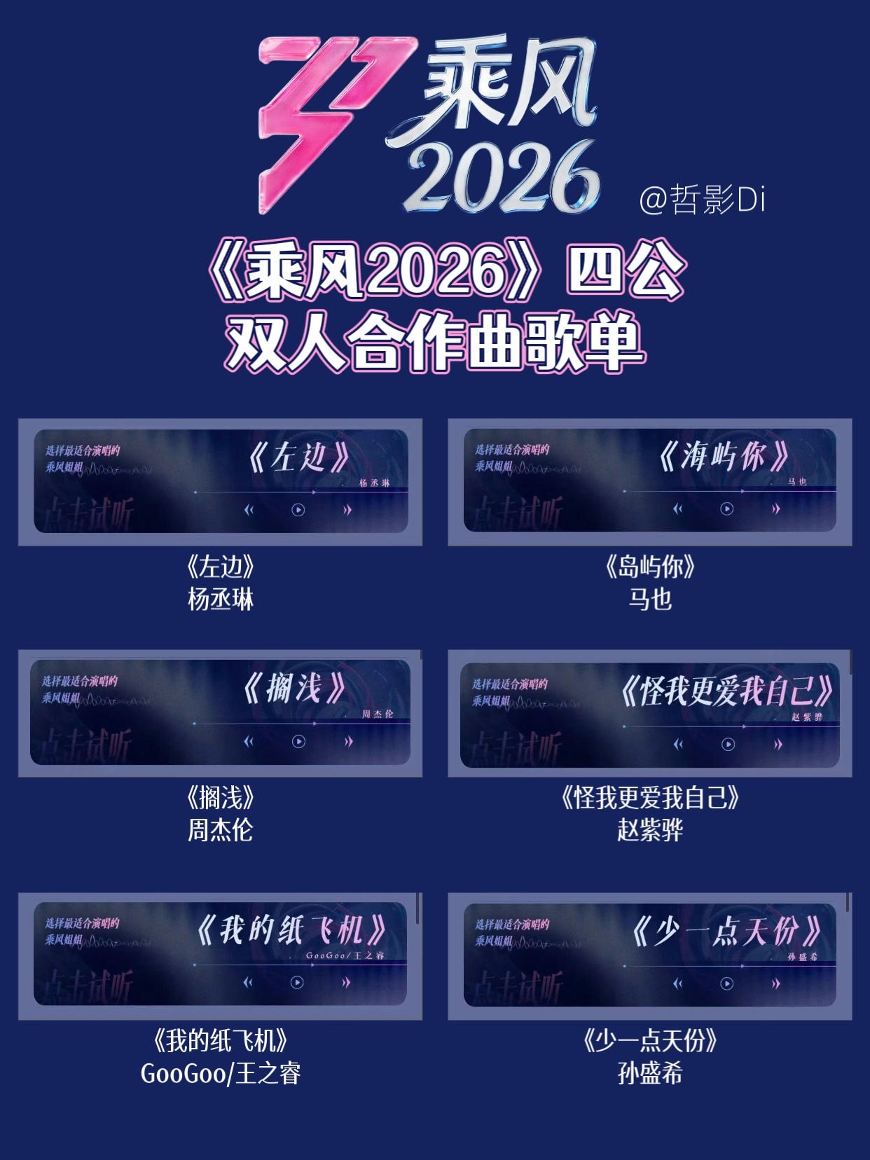 乘风四公双人合作曲限时推荐《乘风2026》发布四公双人合作曲歌单，共有六首歌，你