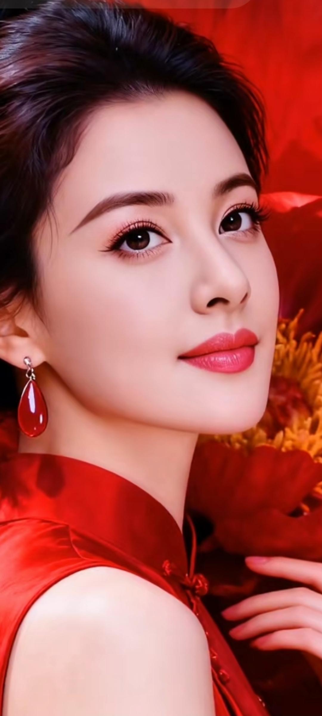 优雅红唇，闪耀耳环，复古红衣，尽显东方魅力