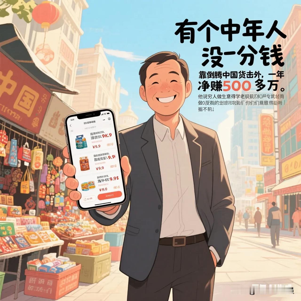 家人们，唠个实在事儿！
 
有个中年人
没投一分钱
靠倒腾中国货去国外
一年净赚