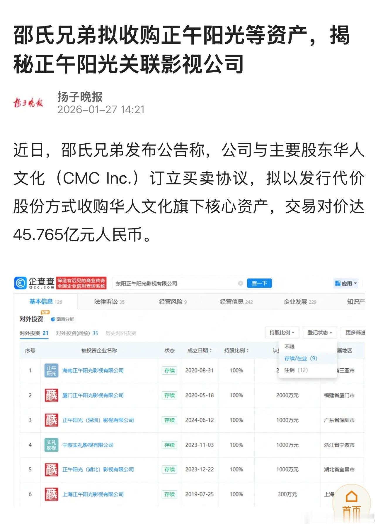 邵氏收购正午阳光