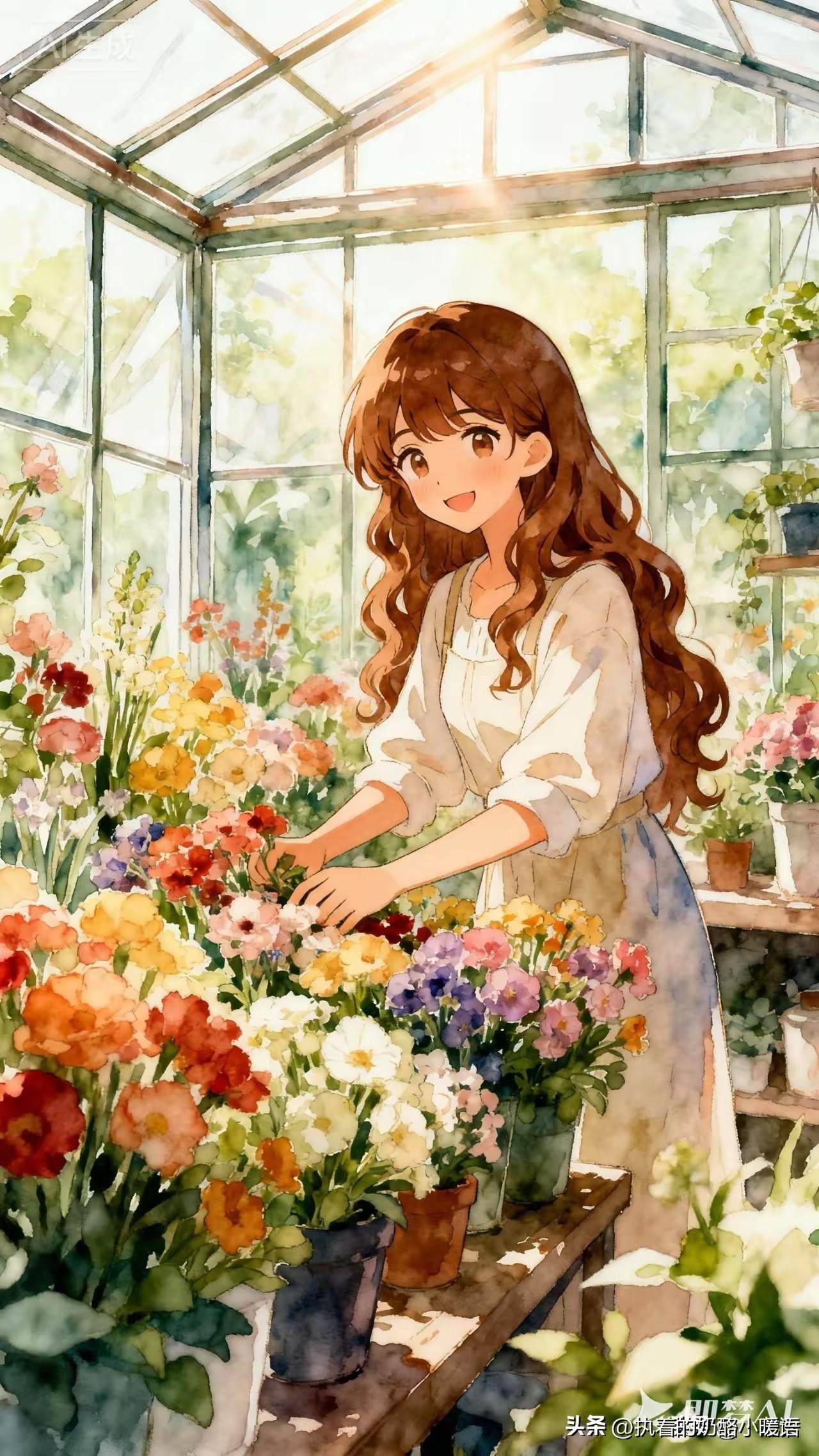阳光洒满的温室里，可爱的女孩与五彩斑斓的花朵相伴，温暖而美好。紫色花海少女