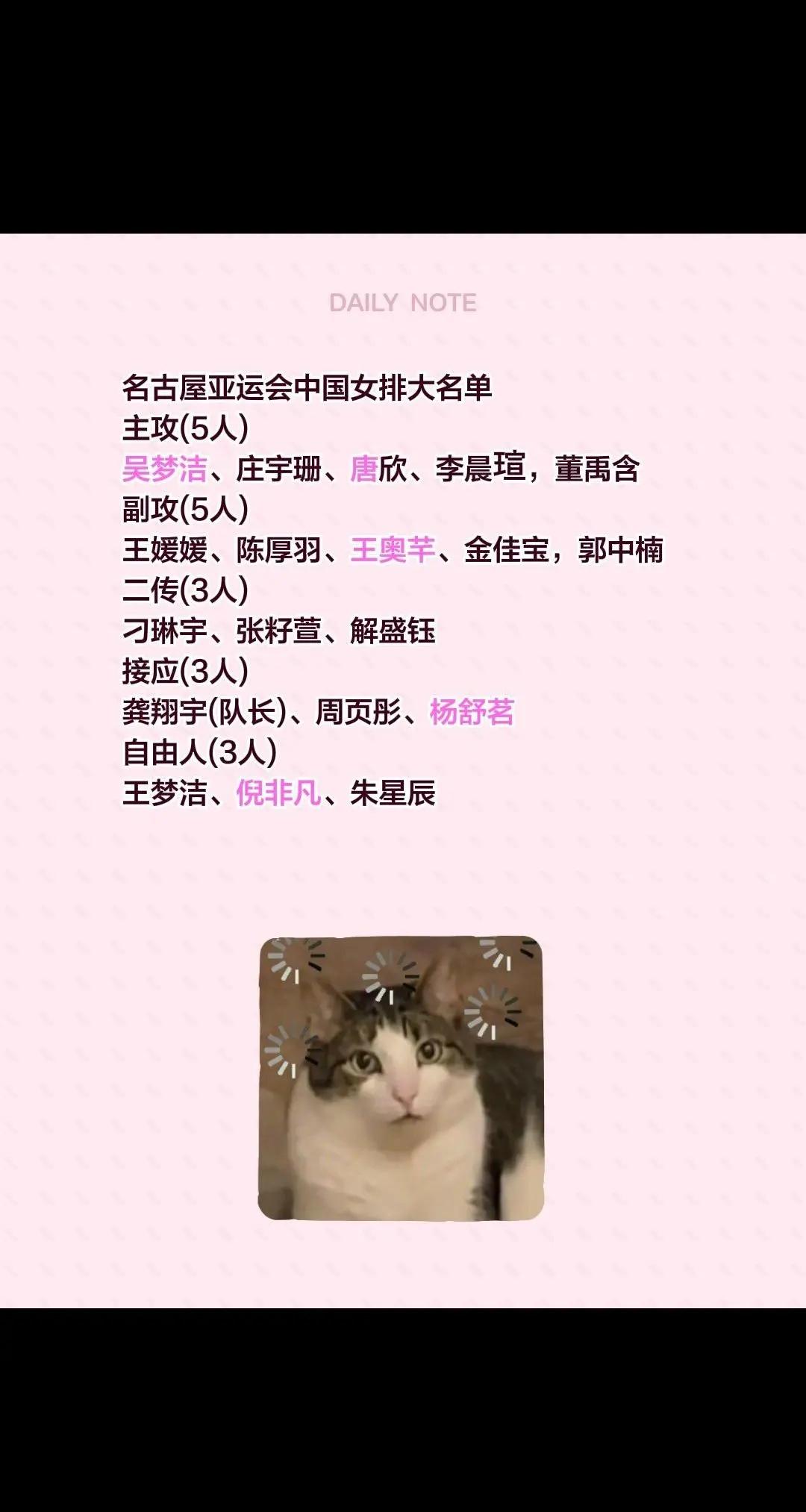 名古屋亚运会中国女排大名单主攻(5人)吴梦洁、庄宇珊、唐欣、李晨瑄，董禹含副攻(
