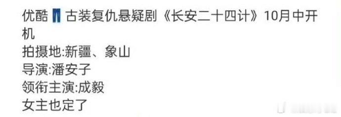 优酷 《长安二十四计》主演：成毅，周也有cp感吗？ ​​​
