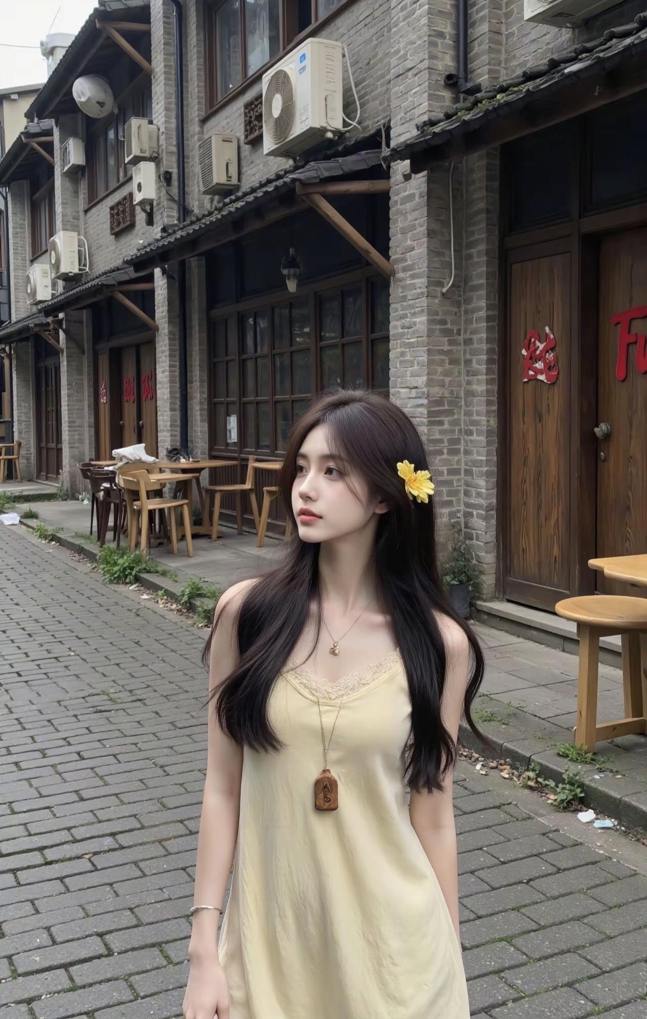 老巷的青砖沾着湿意，木桌木椅懒在檐下。穿一身鹅黄吊带，别朵小菊在发梢，风里都是慢