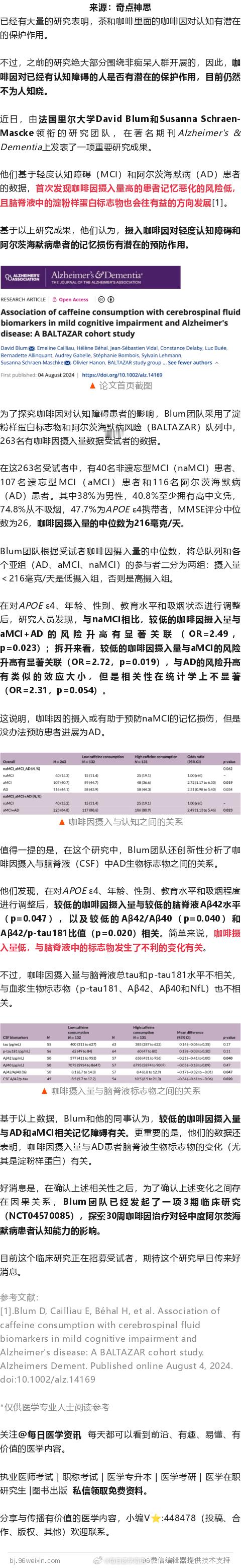 AD：科学家首次发现，咖啡因对轻度认知障碍患者的记忆有潜在保护作用！ ​​​