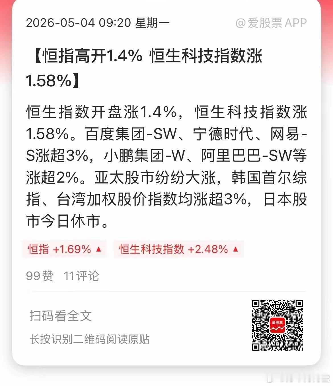 A股五一长假的首个交易日，港股大涨，韩股大涨，台湾股市大涨！还是熟悉的节奏啊，我