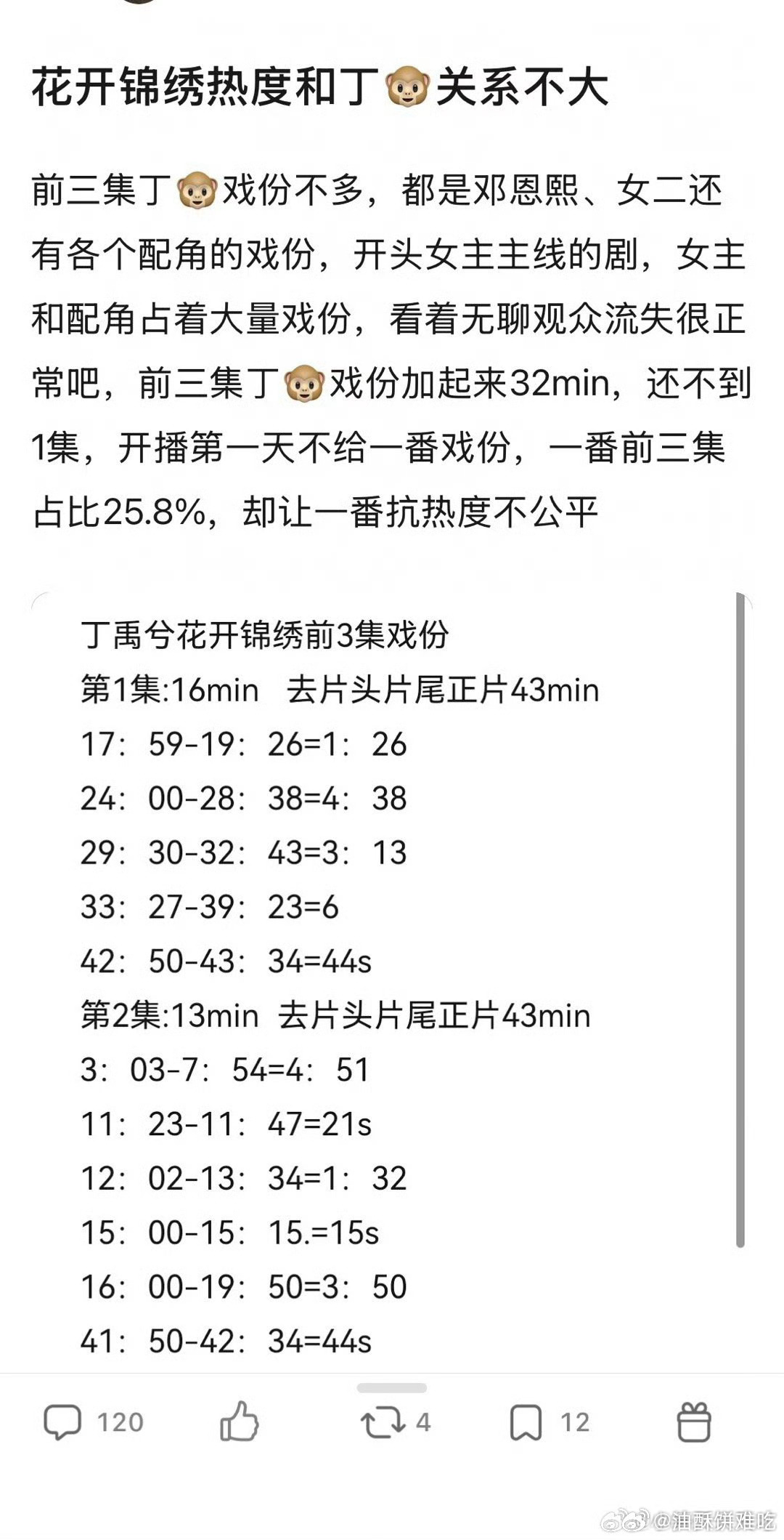 花开锦绣前三集丁禹兮戏份很少吗？不过不管多少第一天就开始扒戏份不好吧