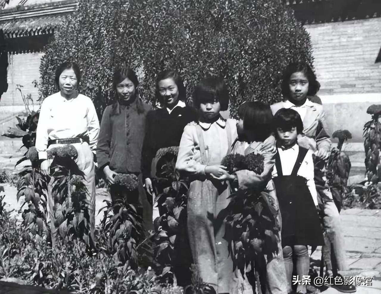 这张老照片拍摄于建国初期中南海庭院，最左侧是邓颖超，其余女孩是周恩来的侄女周秉德