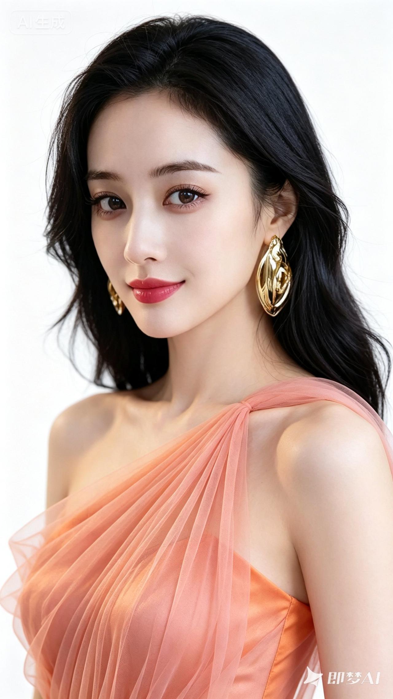 优雅黑发与金色耳环的完美搭配，橙粉色礼服的温柔衬托，尽显女性魅力。