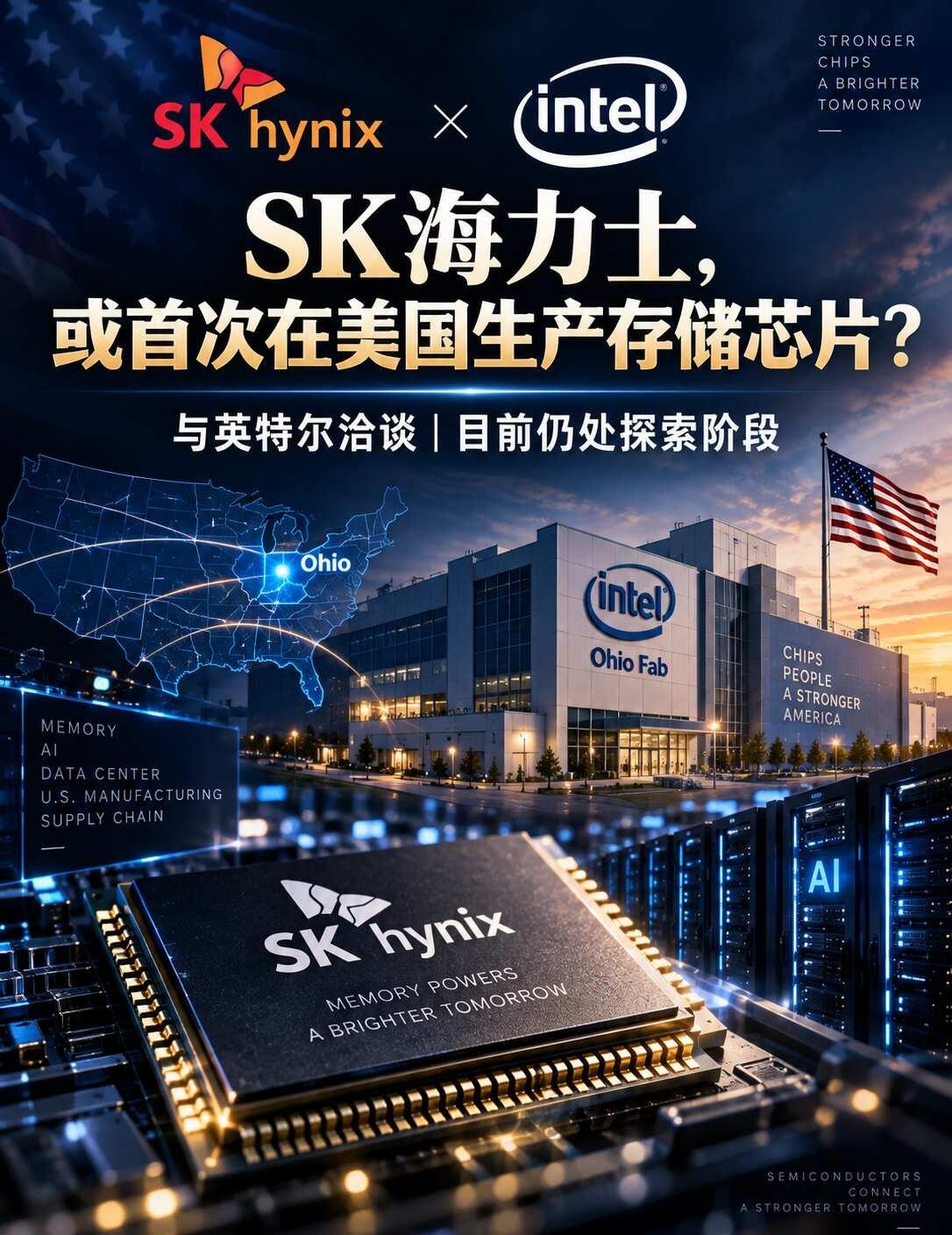 SK海力士要在美国造存储芯片？
路透社9月16日报道，SK海力士正与英特尔洽谈潜