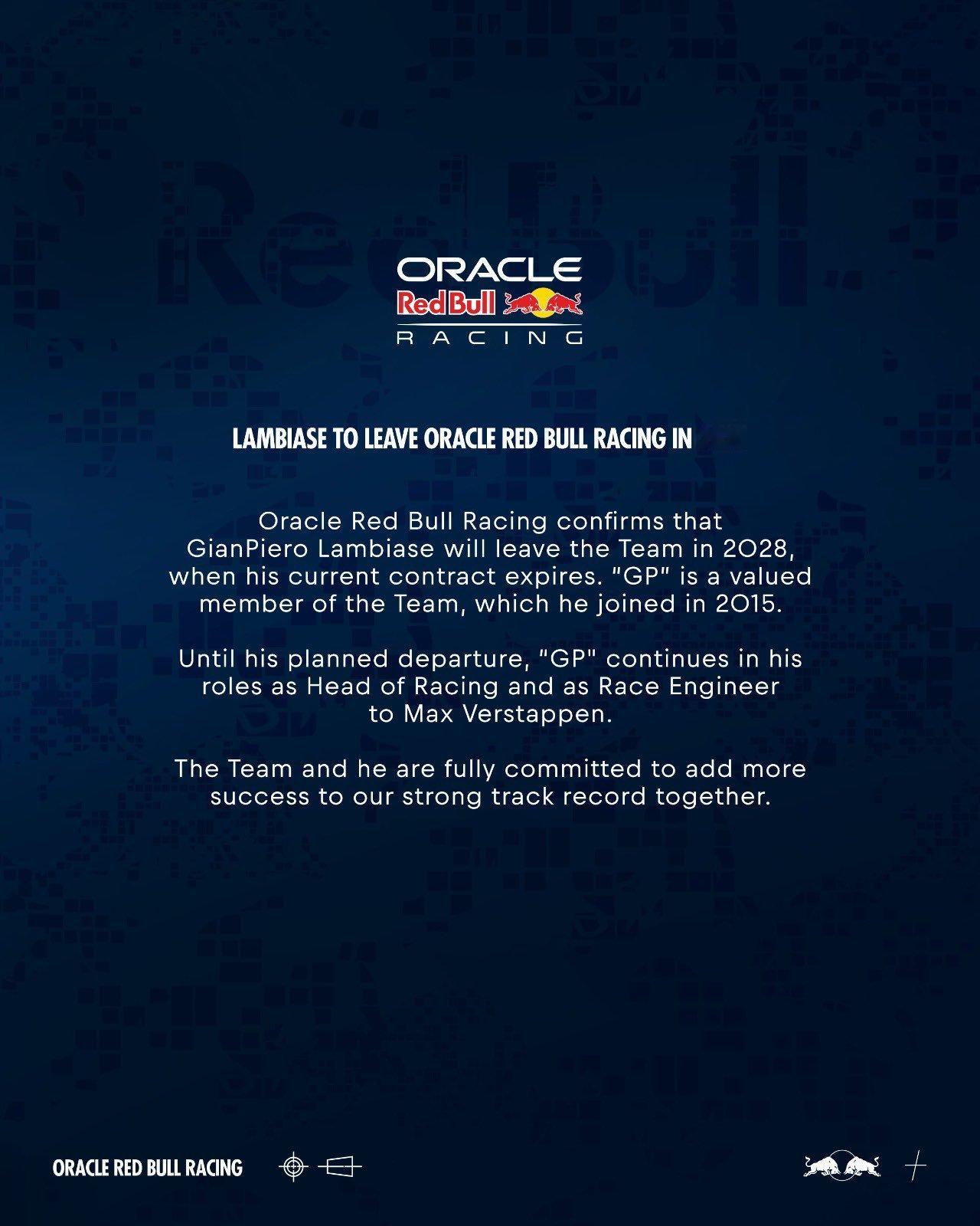 红牛车队官方宣布：詹皮耶罗·兰比亚瑟（GP）将于2028年离开车队，GP自从20
