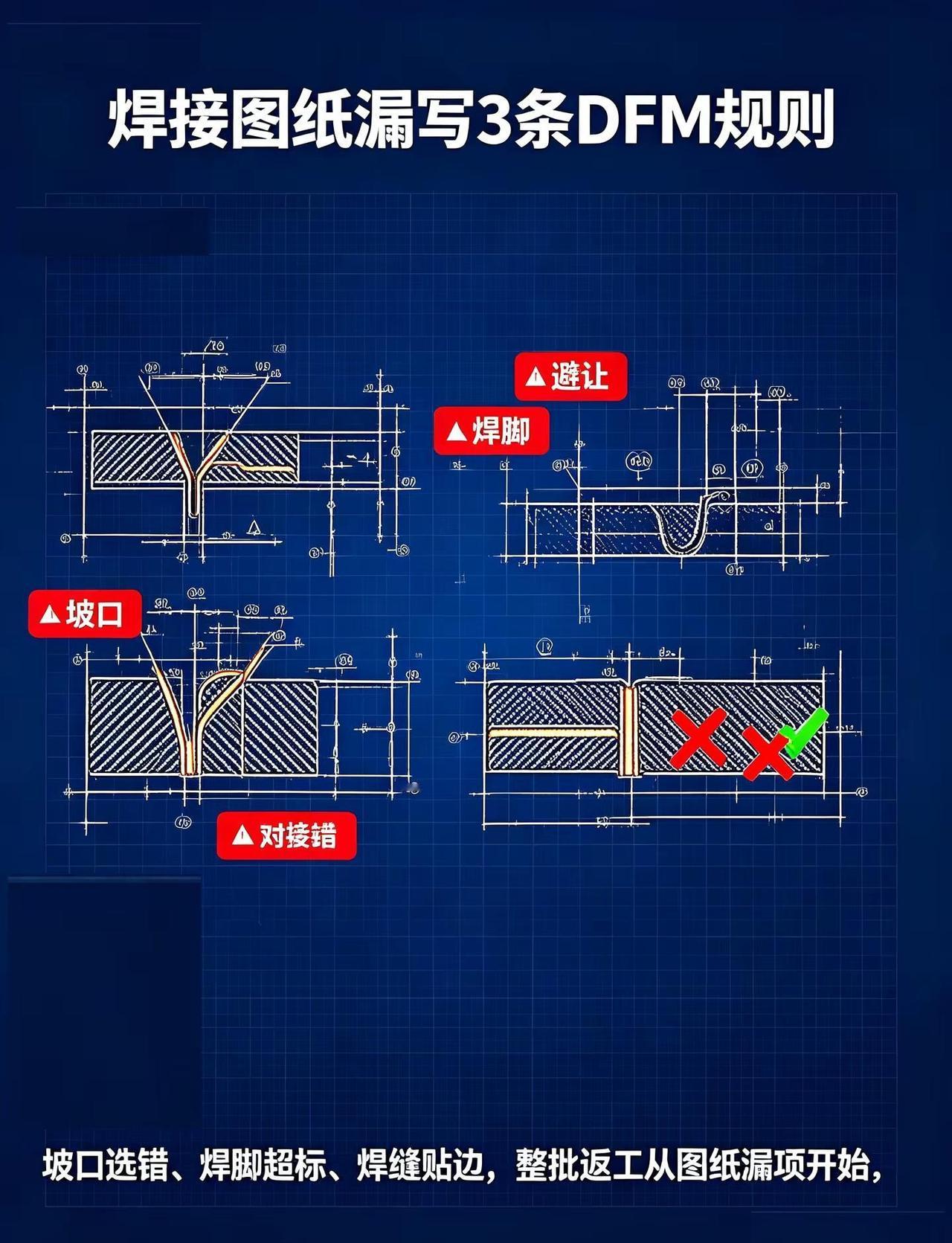 图纸只画焊缝符号不标坡口，3 条 DFM。很多钣金项目焊接变形大，第一反应怪焊工
