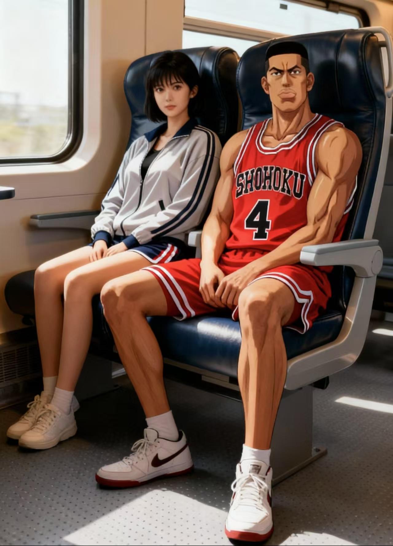 《灌篮高手》湘北篮球队爱情专列，主力选手各自带着女朋友旅游团建。赤木在大学谈了体