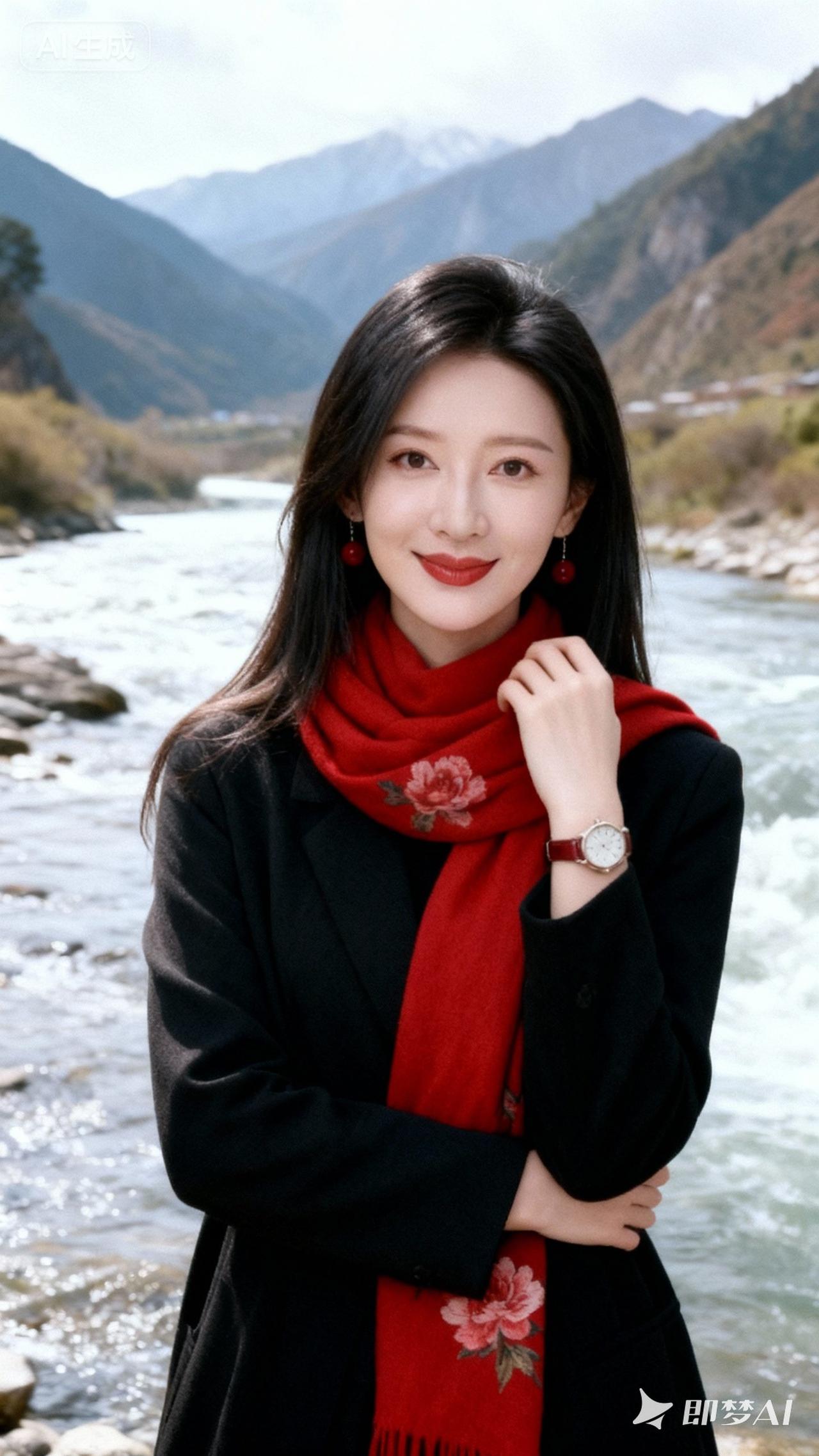 在山间小溪旁，红围巾映衬下的她，宛如冬日里的一抹暖阳。