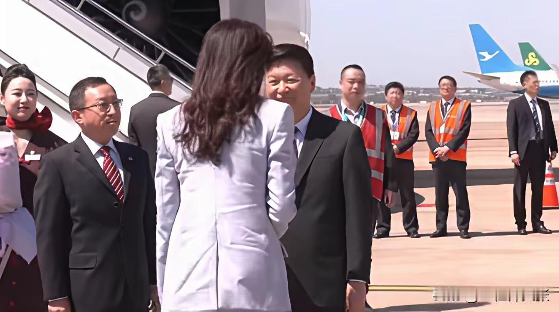 2026年4月7日，郑丽文率团抵达大陆。她身着淡蓝偏紫的套装，整体搭配看着大方得