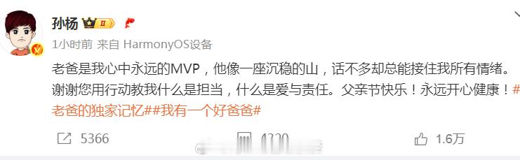 孙杨说父亲是沉稳的山孙杨说父亲是永远的MVP 更新社媒：老爸是我心中永远的MVP