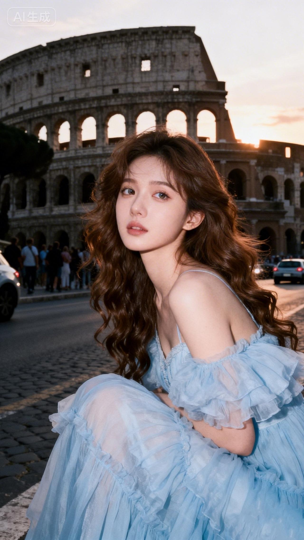 罗马街头，蓝裙少女与斗兽场的浪漫邂逅有没有一张随手拍是你的满意之作 美女的美丽体