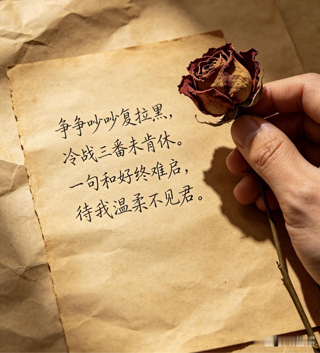 争吵争吵又拉黑，冷战三番不肯休。
一句和好终难启，待我温柔不见卿。