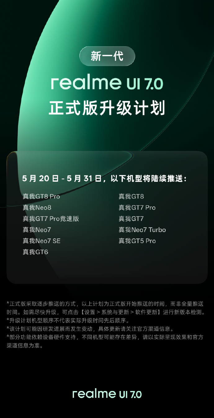 新一代realme UI7.0正式版升级计划 