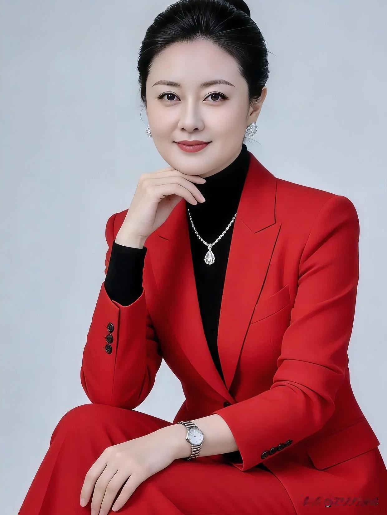红衣似火，黑发盘起。手托下巴，眼神温柔，气场全开。