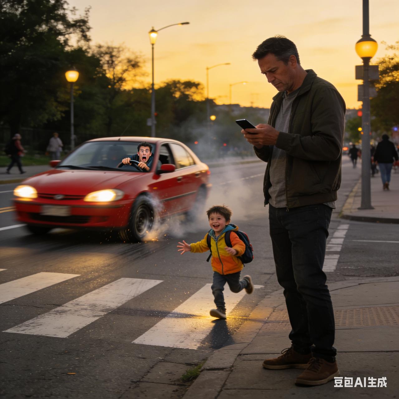 家长低头玩手机 孩童冲马路被撞

近日，某地街头发生一起交通事故：一名幼童趁父亲