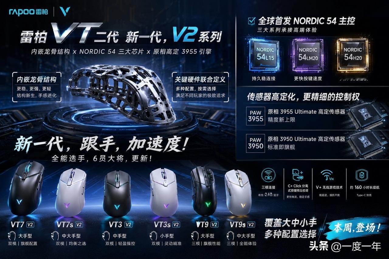 雷柏这次是真的开始卷高端无线鼠标了，VT二代 V2系列终于来了。
这代最大的变化