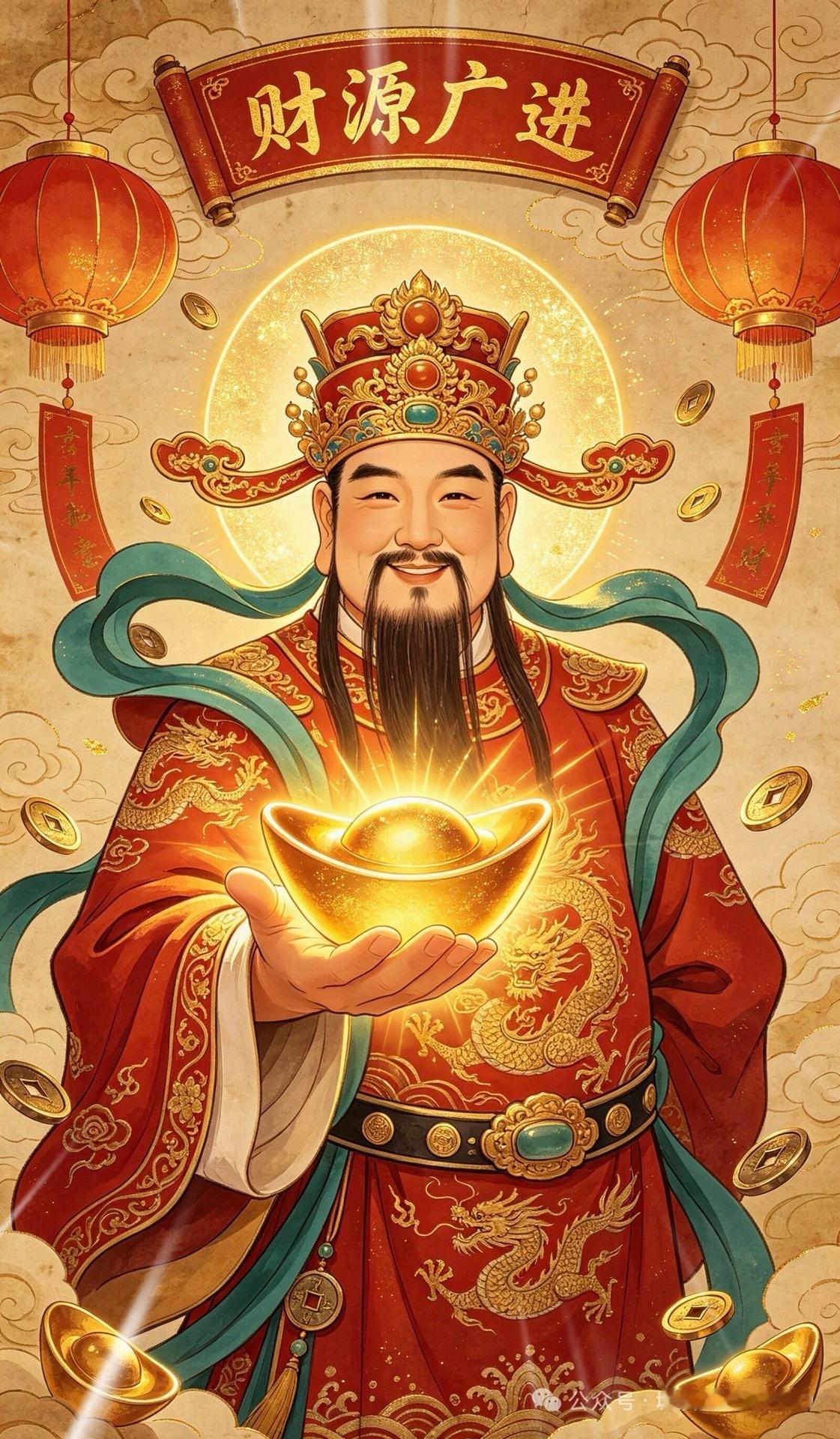 接财神啦！愿新的日子财源广进，福气相伴！金银入怀，万事顺意，好运一路加满！[祈祷
