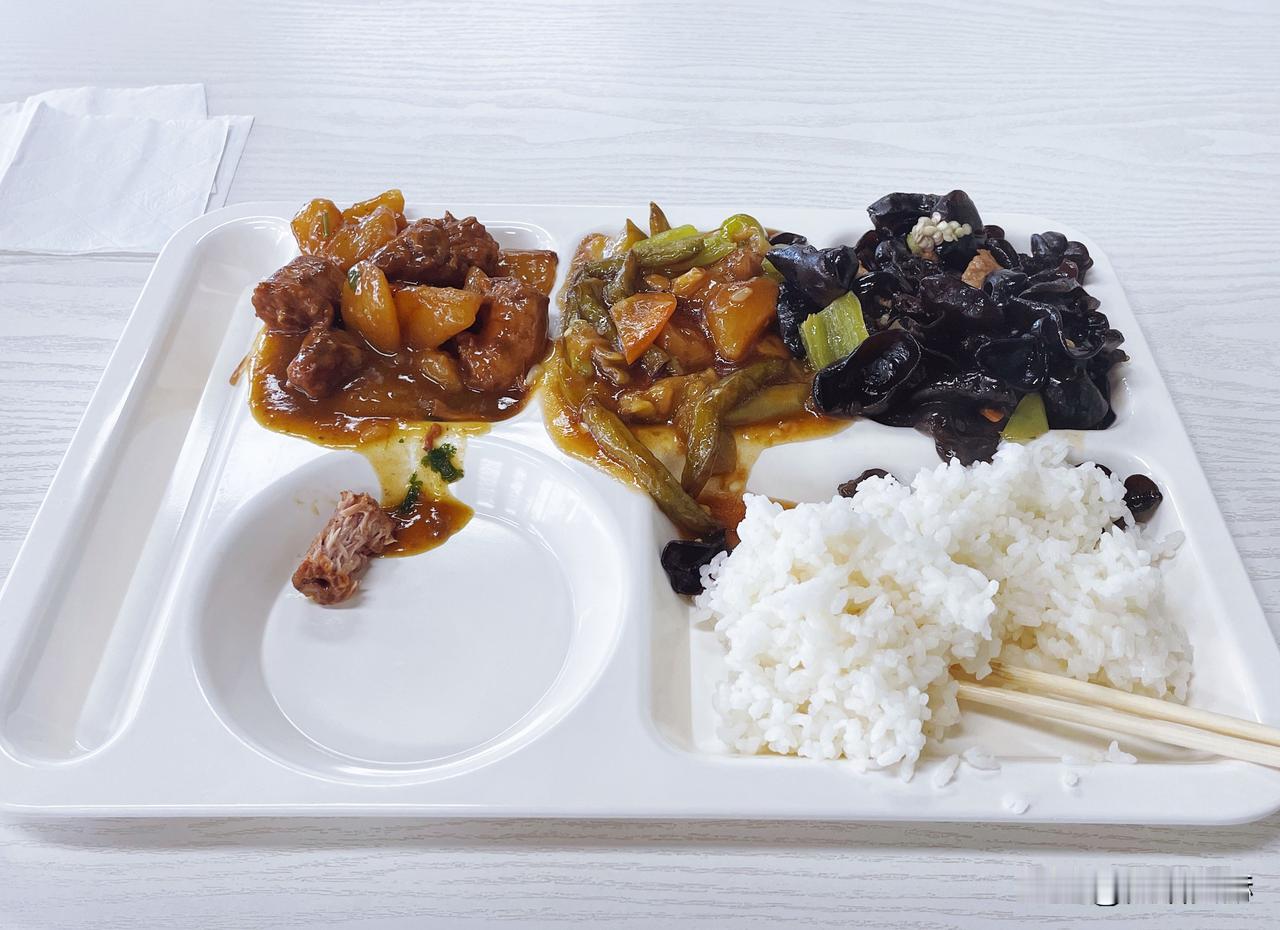 办公楼食堂午餐：鸭肉炒土豆、茄子炒辣椒、素炒木耳，一荤两素，15块，还不错吧？