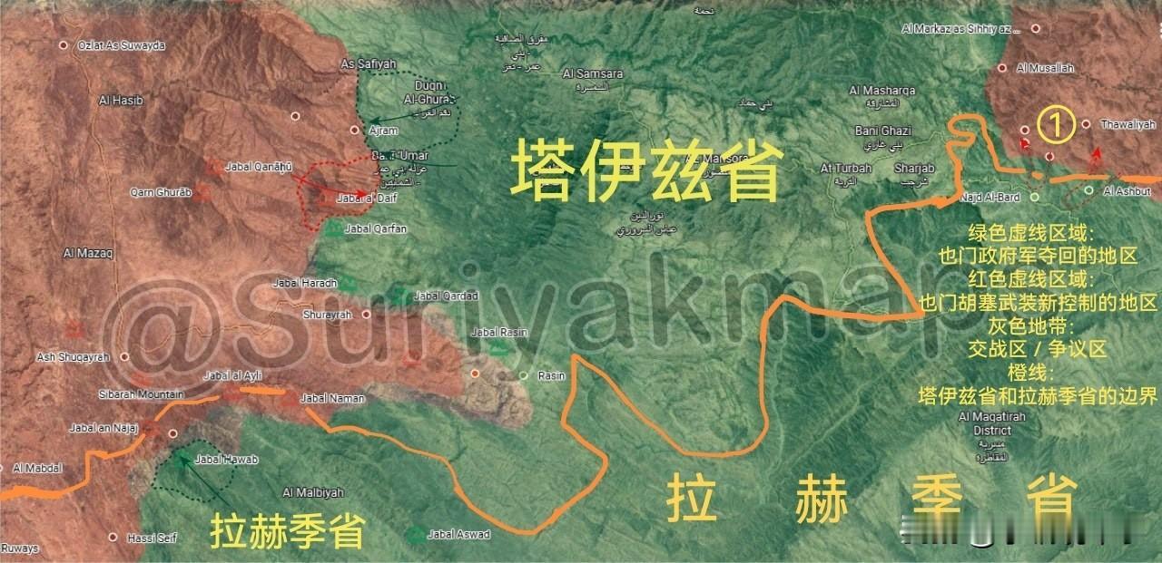 西班牙信源“牢苏”（Suriyak）更新了也门西南部的局势图，图中显示也门政府军