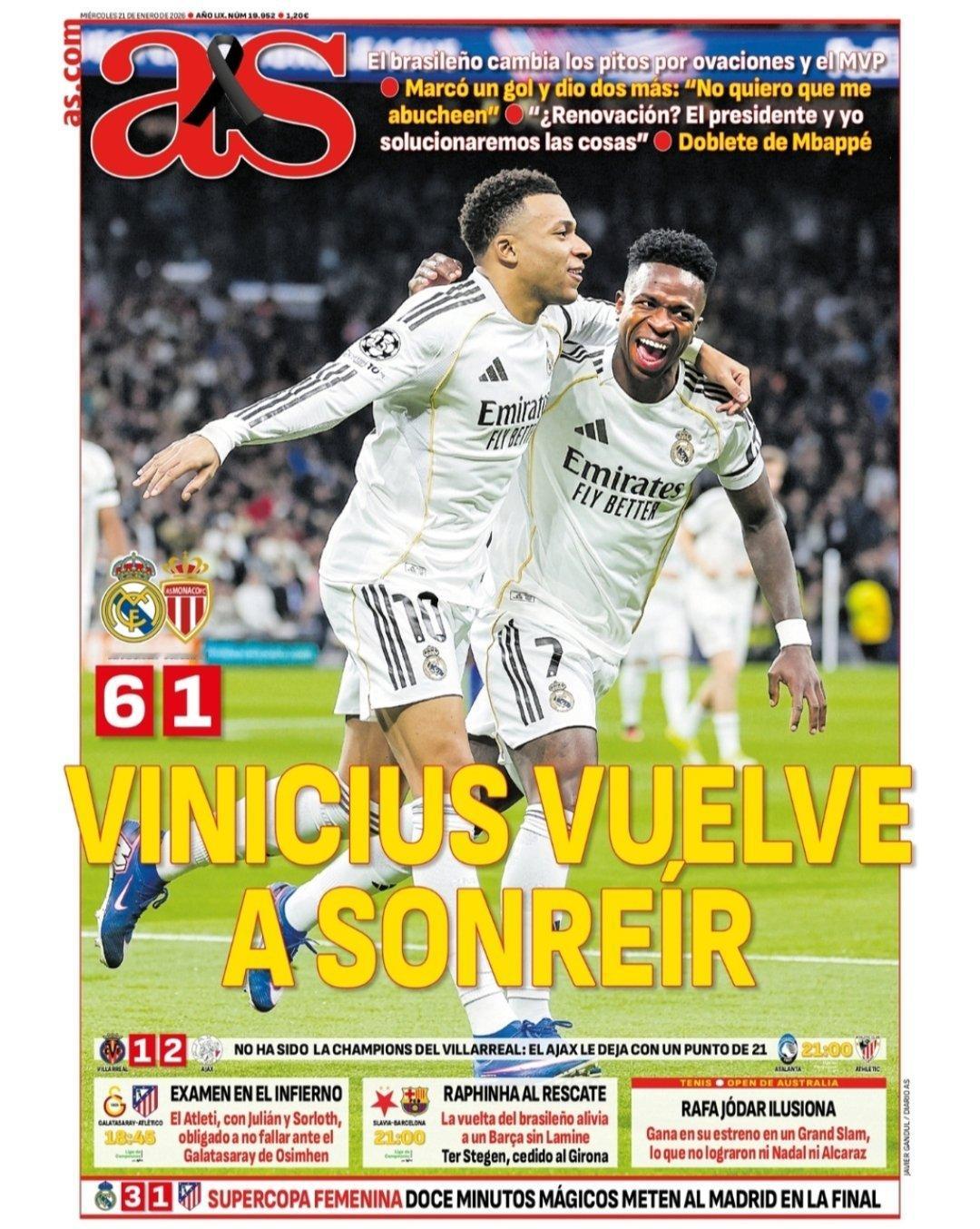 皇马 《阿斯》维尼修斯重新露出笑容他把嘘声变成掌声并拿到了mvp维尼修斯一球两助