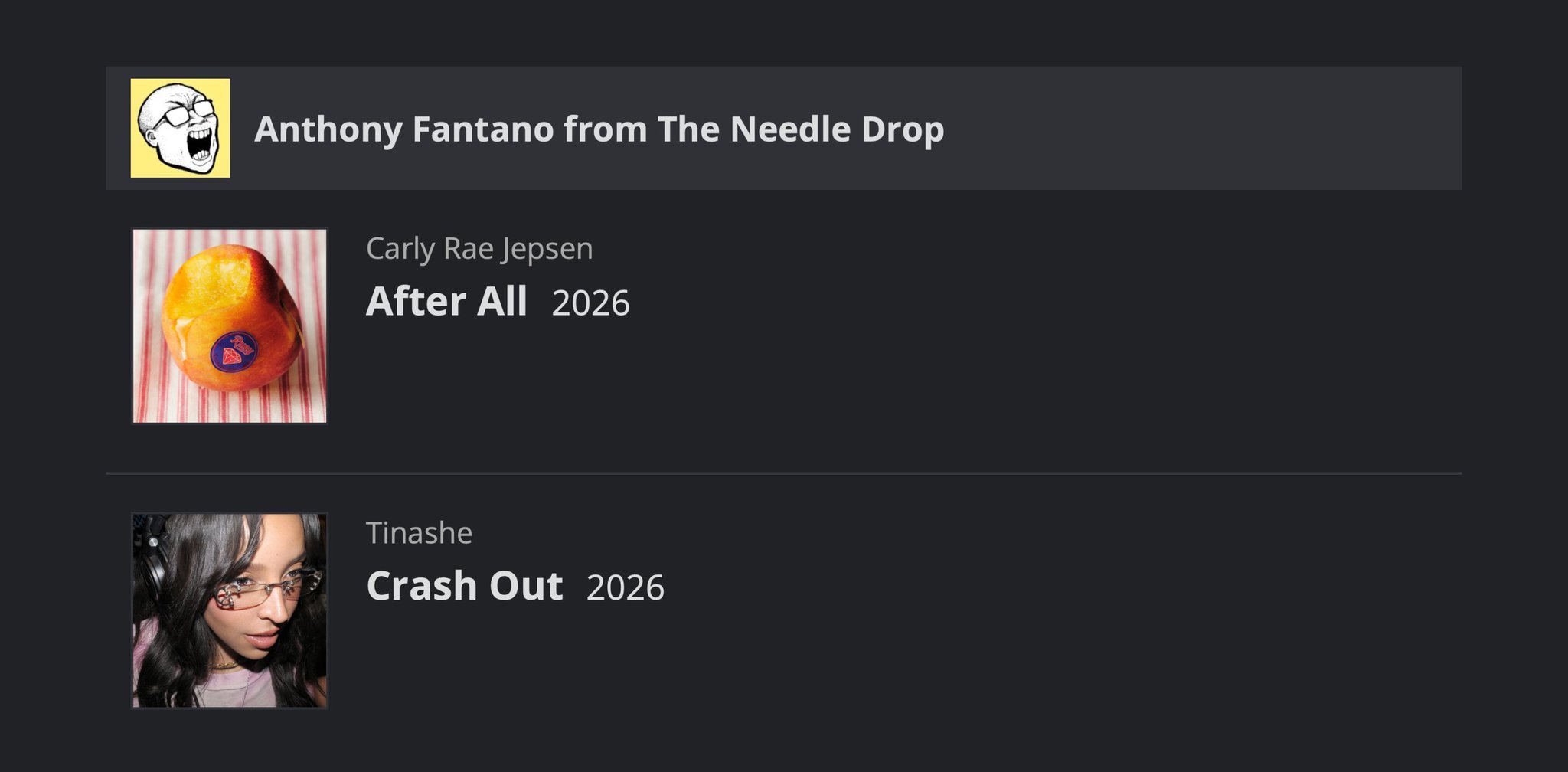 知名光头博主 fantano 给予《Crash Out》本周最佳之一评价Tina