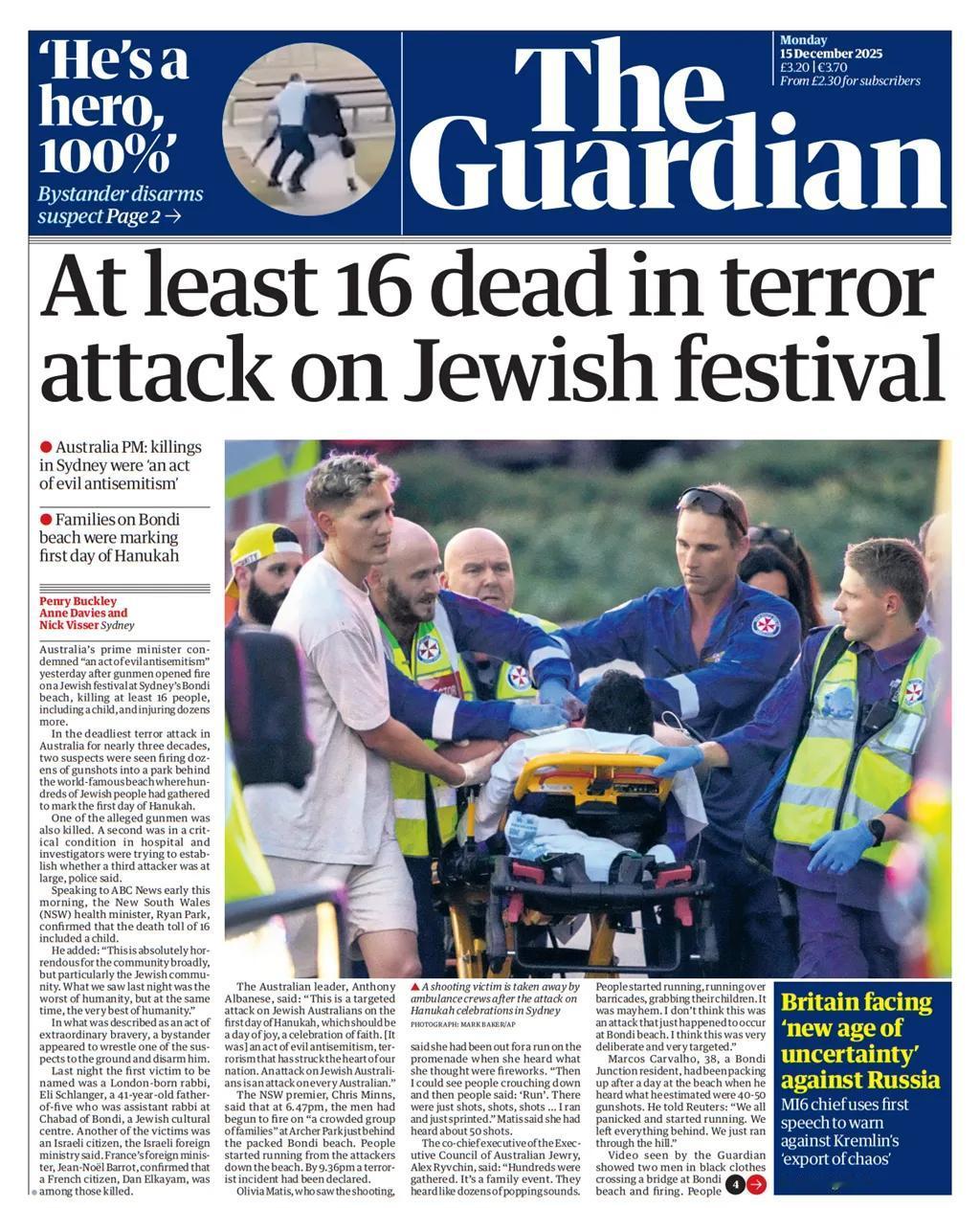 据《卫报》报道，澳大利亚总理将对悉尼邦迪海滩的袭击称为“一种邪恶的反犹主义行为”
