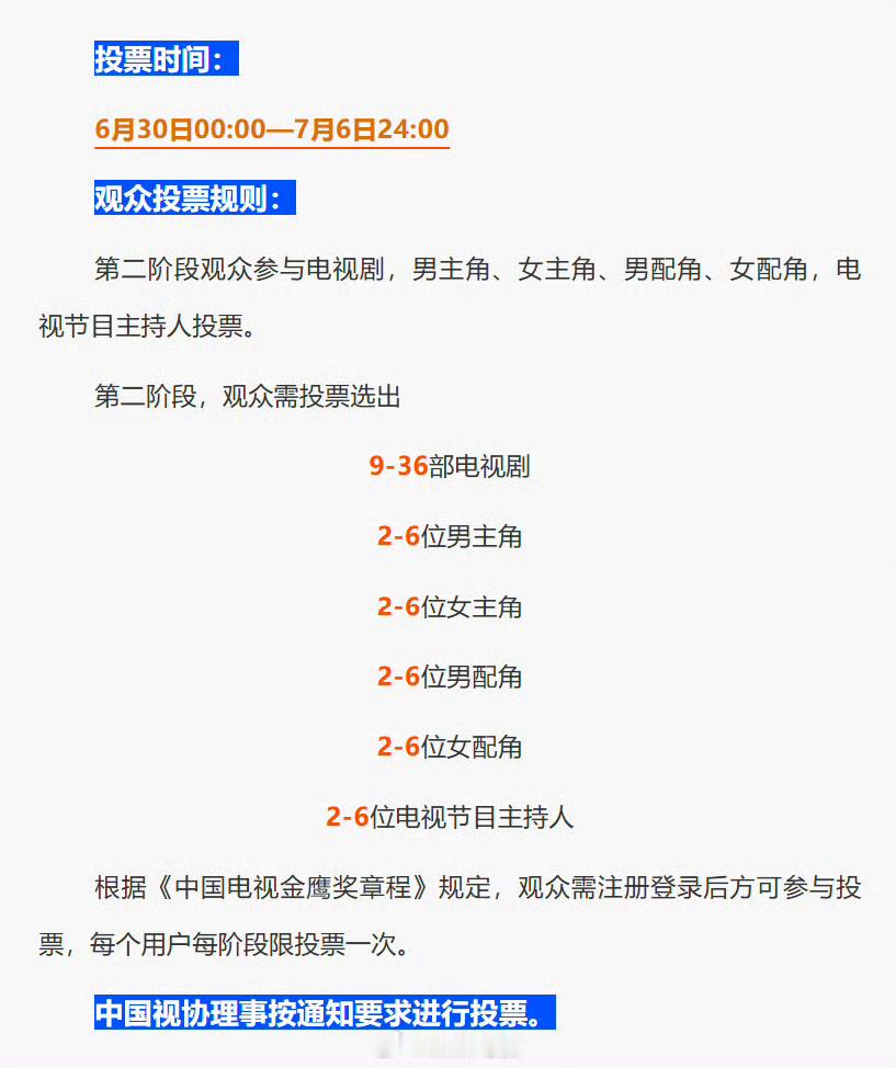 金鹰奖6月30日0点开启第二轮投票