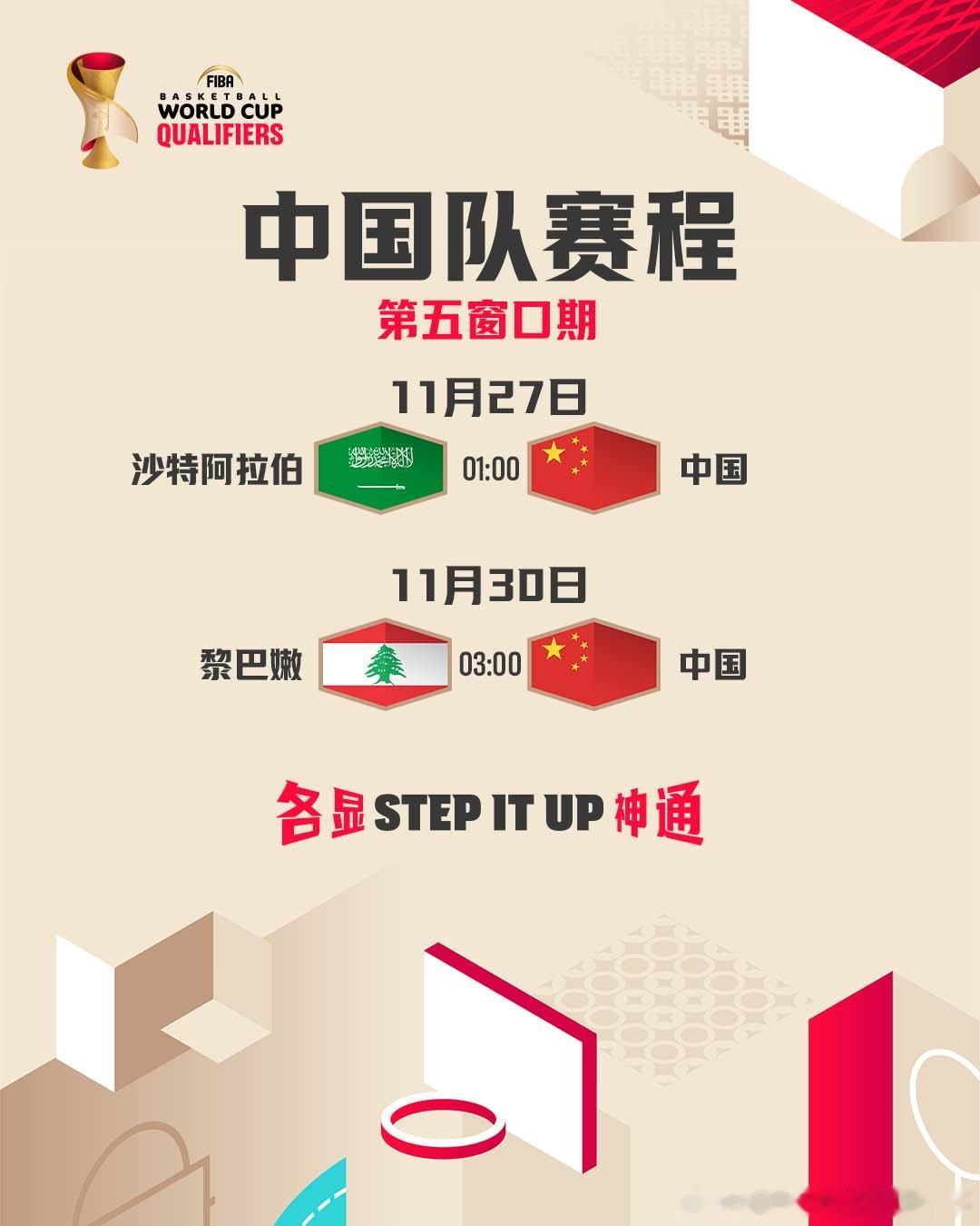 2027 FIBA世界杯 预选赛亚洲区第五窗口期，中国队客战开球时间确定中国男篮