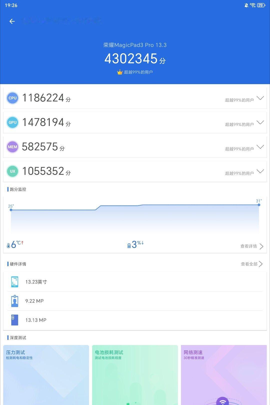 荣耀MagicPad3 Pro常温安兔兔跑分430万分！荣耀平板刷新历史跑分记录