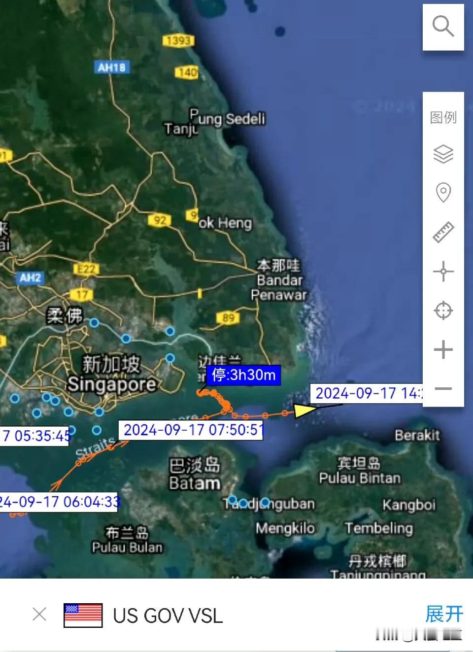 根据AIS信号显示，美国海军罗斯福号航母(CVN-71)径直通过新加坡海峡，即将