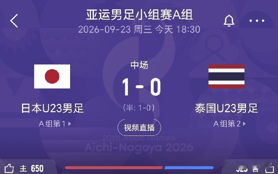 随着日本U23国家队半场1：0领先泰国U23国家队，中国U23国家队四分之一决赛