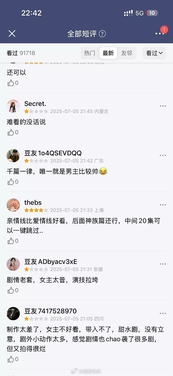 我勒个老天爷…目前迪丽热巴、赵丽颖、白鹿、檀健次、肖战，豆瓣作品最新评论区已经遭