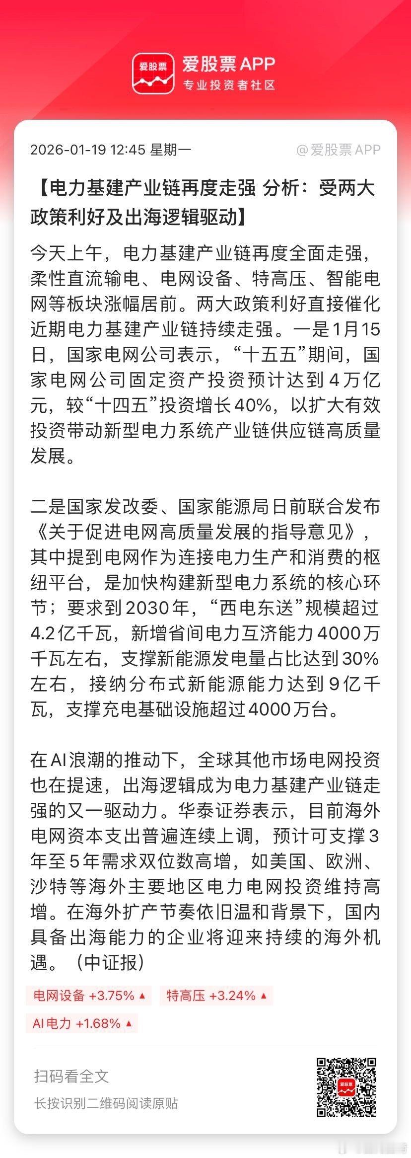 【电力基建产业链再度走强 分析：受两大政策利好及出海逻辑驱动】今天上午，电力基建
