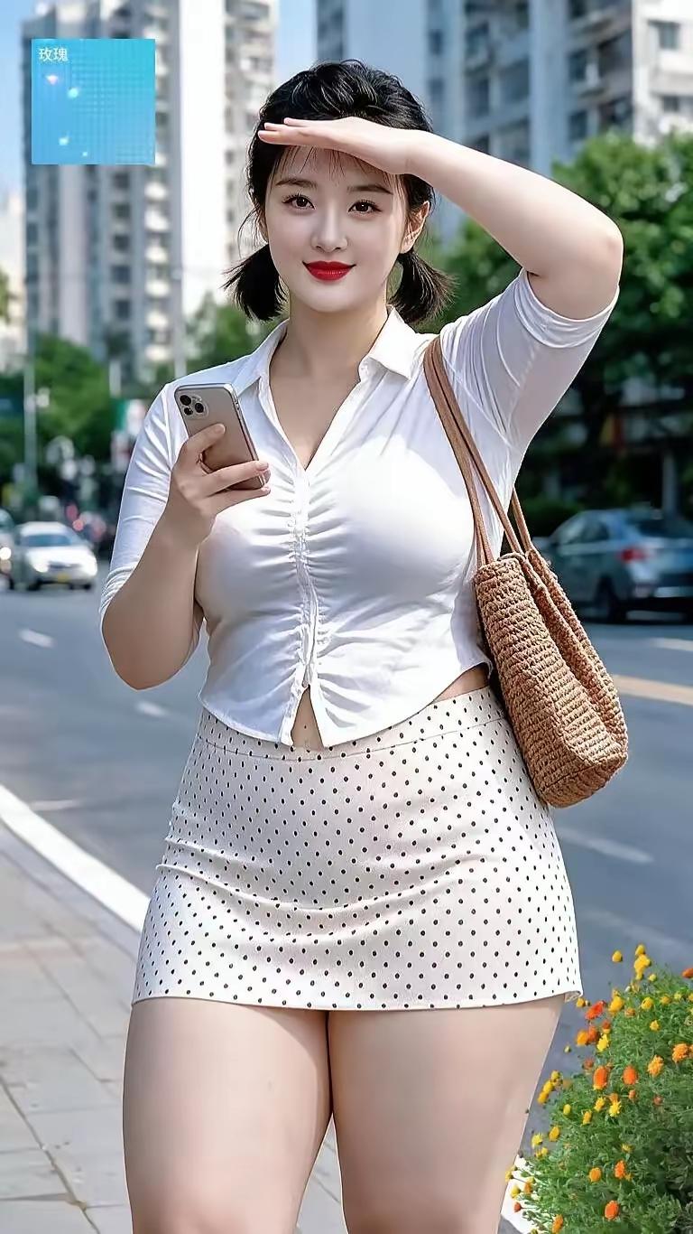 她穿着白色上衣和短裙，在街上自拍。