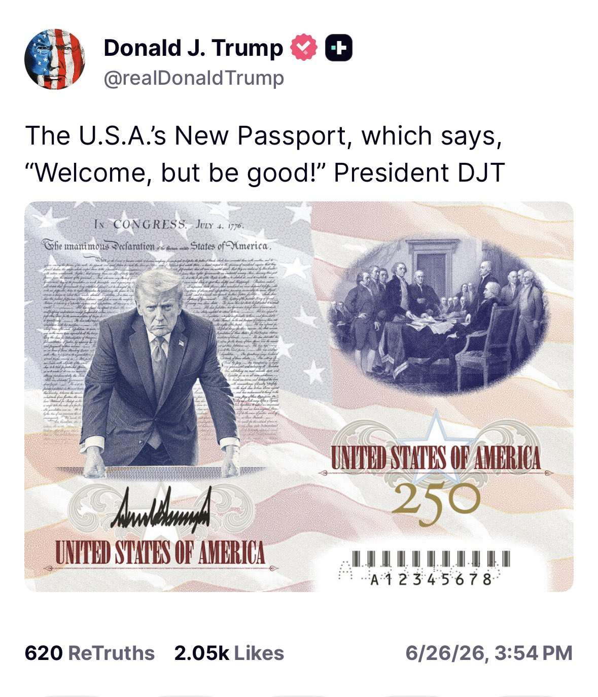🔻特朗普说这是美国的新护照：“美国新护照上写着：欢迎，但要善良。”🔻250纪