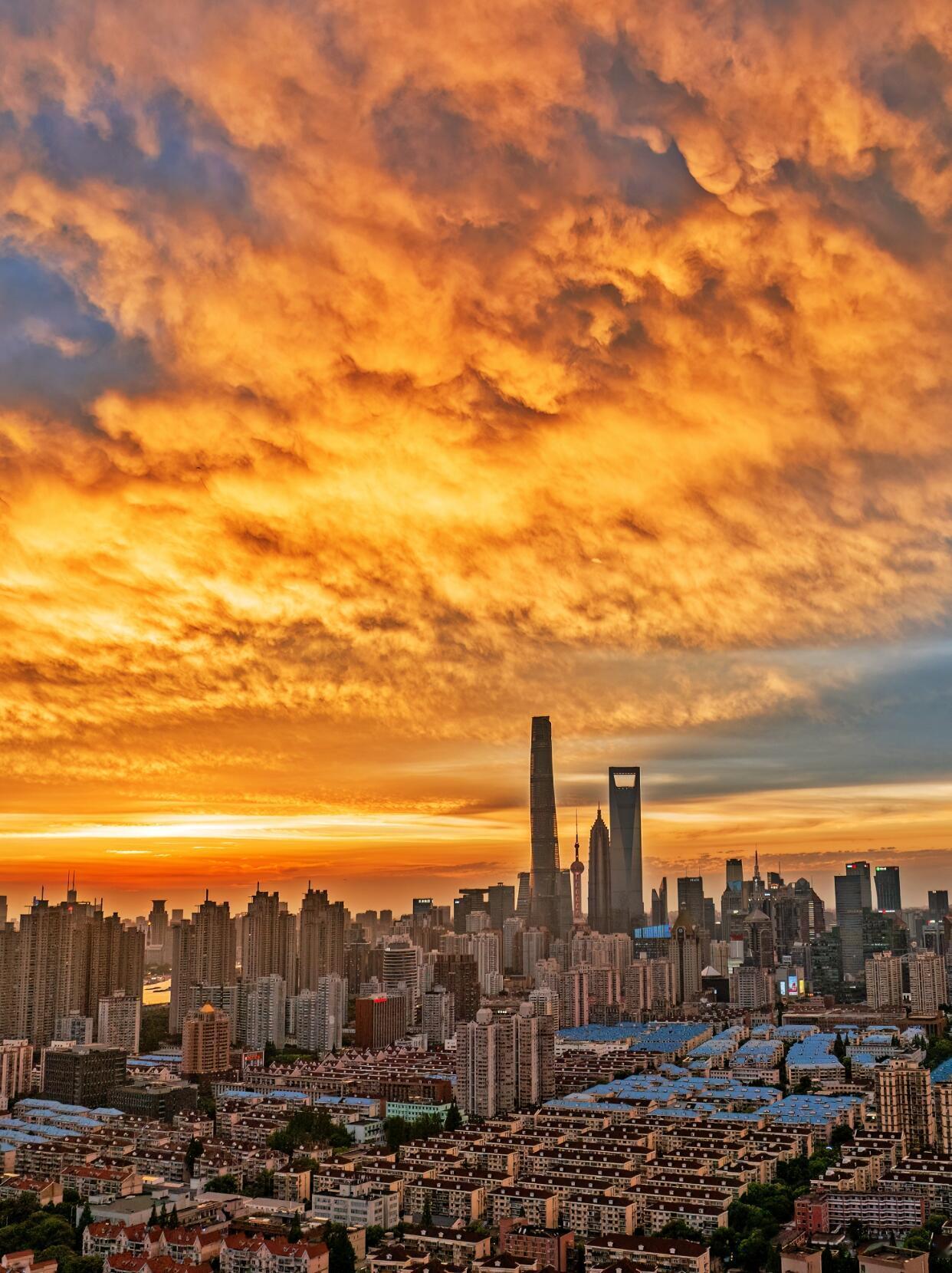 魔都今日突降暴雨，现在雨停了！满天通红的晚霞，真的是整个城市都红彤彤的！手机拍不