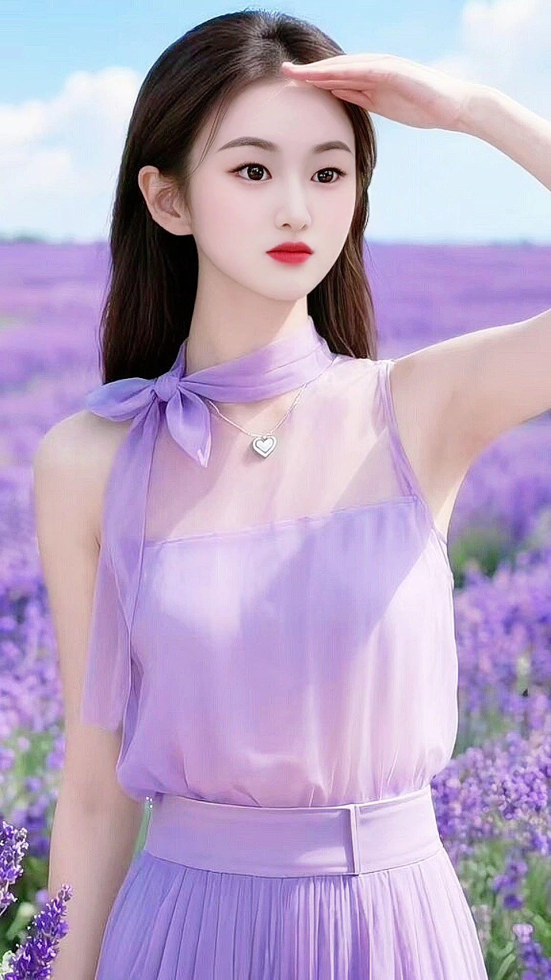 紫色花海 紫色系穿搭 紫色连衣裙 花海拍照 清纯甜美