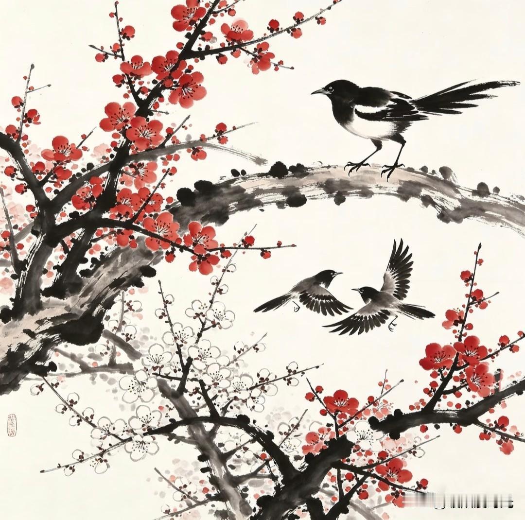 梅鹊报喜，水墨传情迎好运。
小画拾光国画素材分享 喜鹊梅花图 
花鸟梅花国画