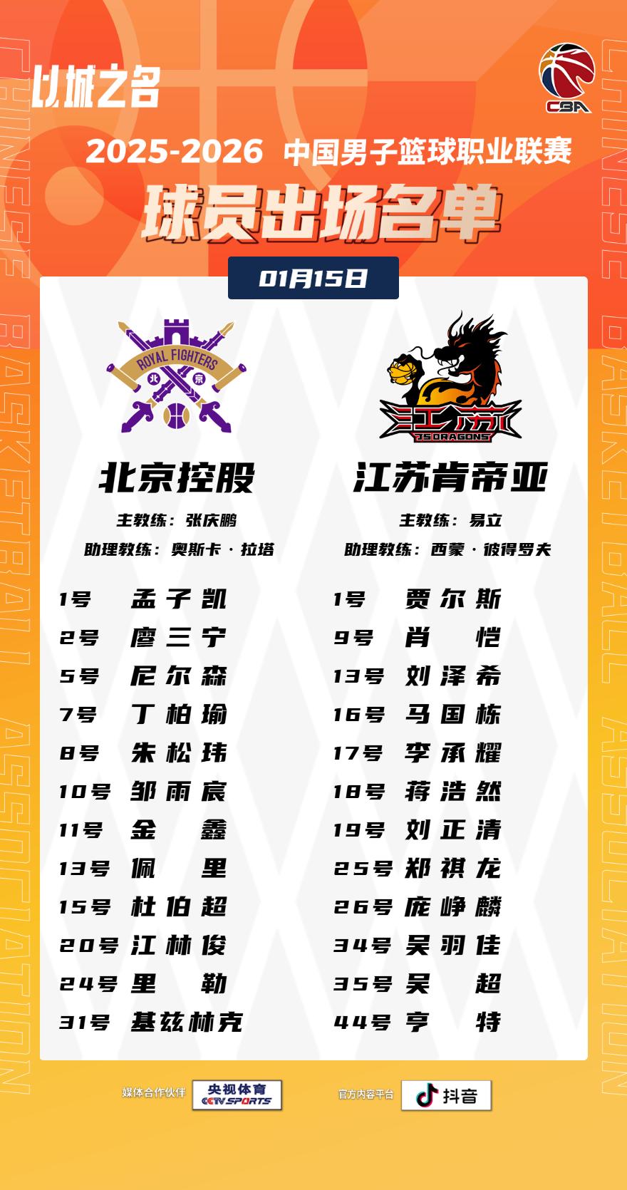 【大名单出炉】2025-2026赛季CBA联赛常规赛第十五轮今晚继续进行，5场比